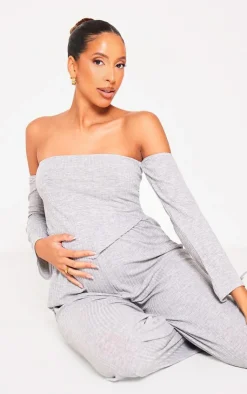 Sale PrettyLittleThing Maternity Off The Shoulder Point Hem Top Grey Marl