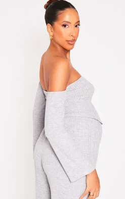 Sale PrettyLittleThing Maternity Off The Shoulder Point Hem Top Grey Marl