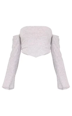 Sale PrettyLittleThing Maternity Off The Shoulder Point Hem Top Grey Marl
