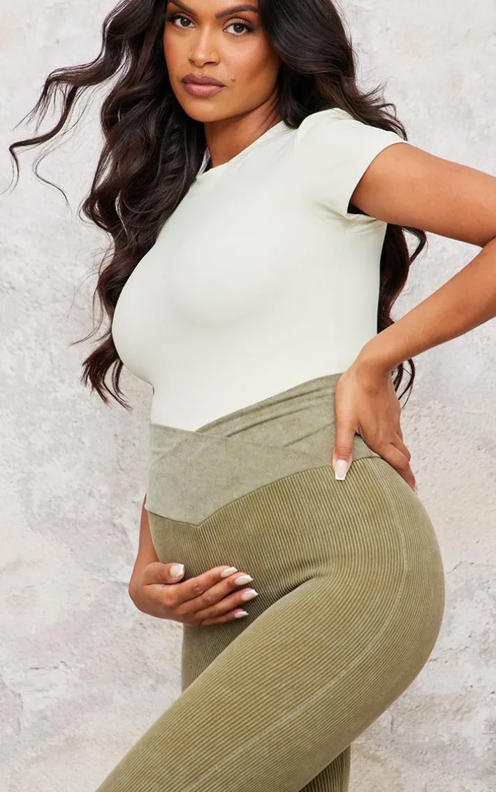 Maternity Khaki Faded Snatched Rib Fold Over Waistband Flare Pants