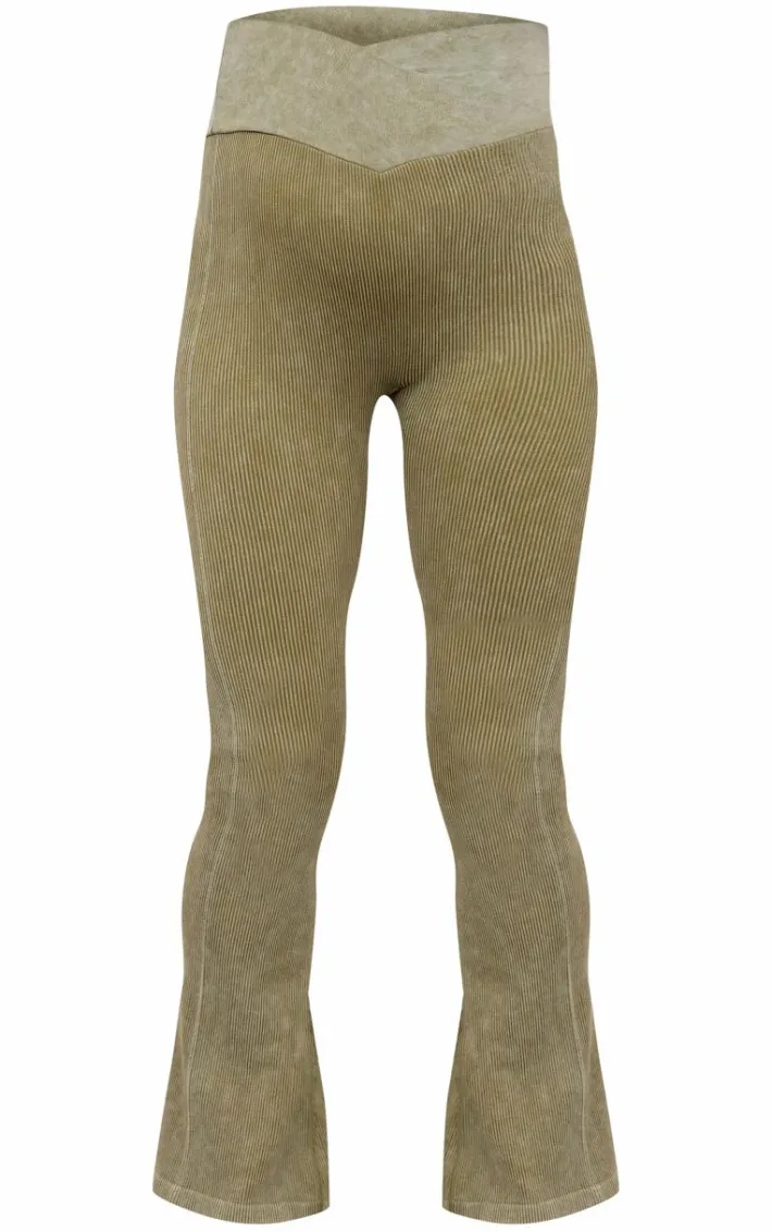 Maternity Khaki Faded Snatched Rib Fold Over Waistband Flare Pants