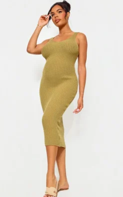 Maternity Knitted V Neck Midi Dress-PrettyLittleThing