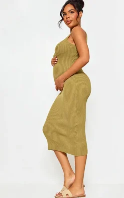 Maternity Knitted V Neck Midi Dress-PrettyLittleThing
