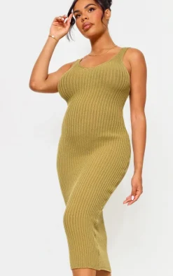 Maternity Knitted V Neck Midi Dress-PrettyLittleThing