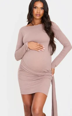 Maternity Mocha Brushed Tie Front Mini Dress-PrettyLittleThing Hot