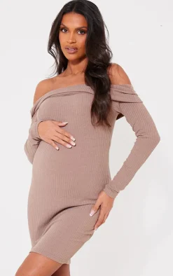 Maternity Rib Off The Shoulder Mini Dress-PrettyLittleThing Online