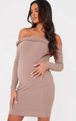 Maternity Rib Off The Shoulder Mini Dress-PrettyLittleThing Online