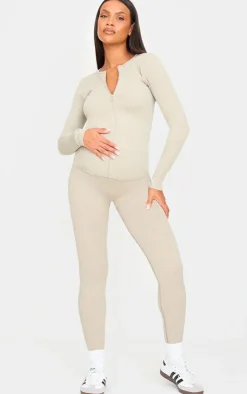 Sale PrettyLittleThing Maternity Ribbed Leggings Moss Sand
