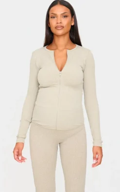 New PrettyLittleThing Maternity Ribbed Zip Up Cardigan Moss Sand