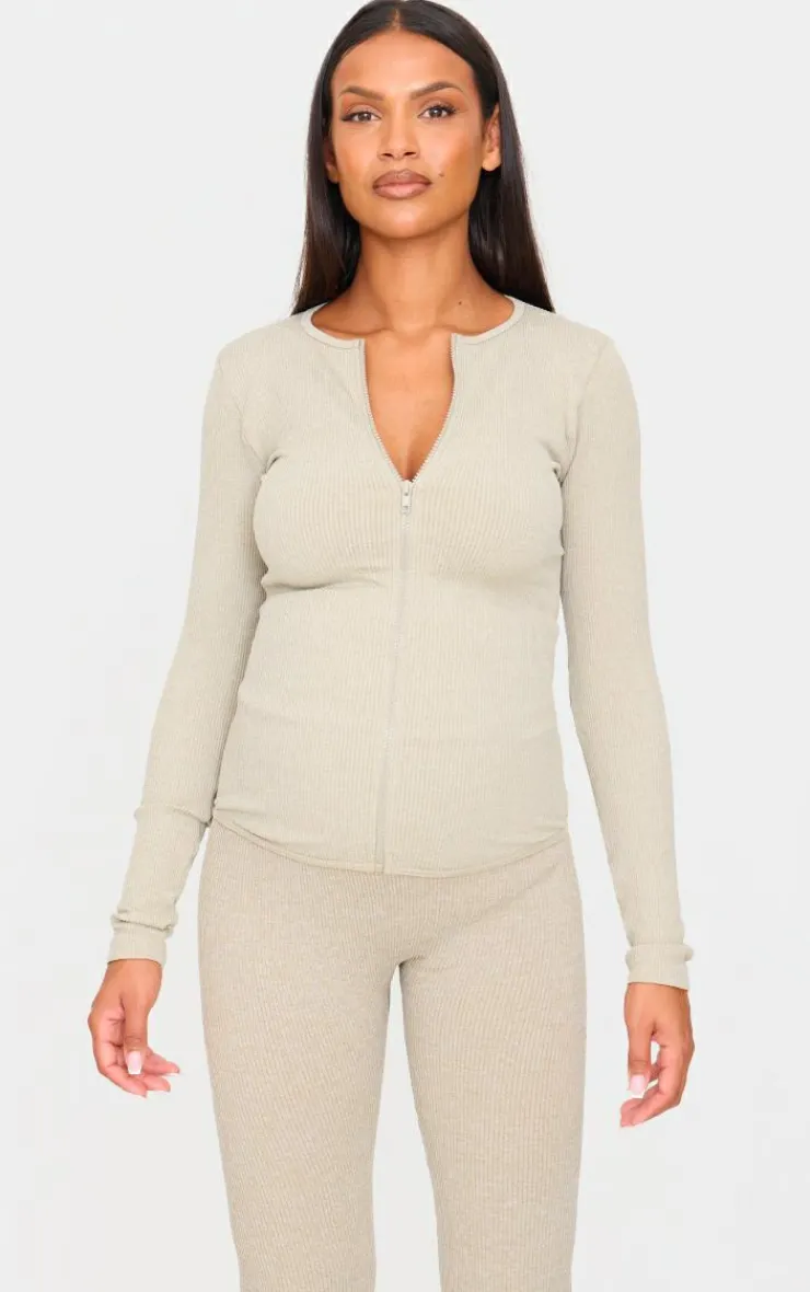 New PrettyLittleThing Maternity Ribbed Zip Up Cardigan Moss Sand