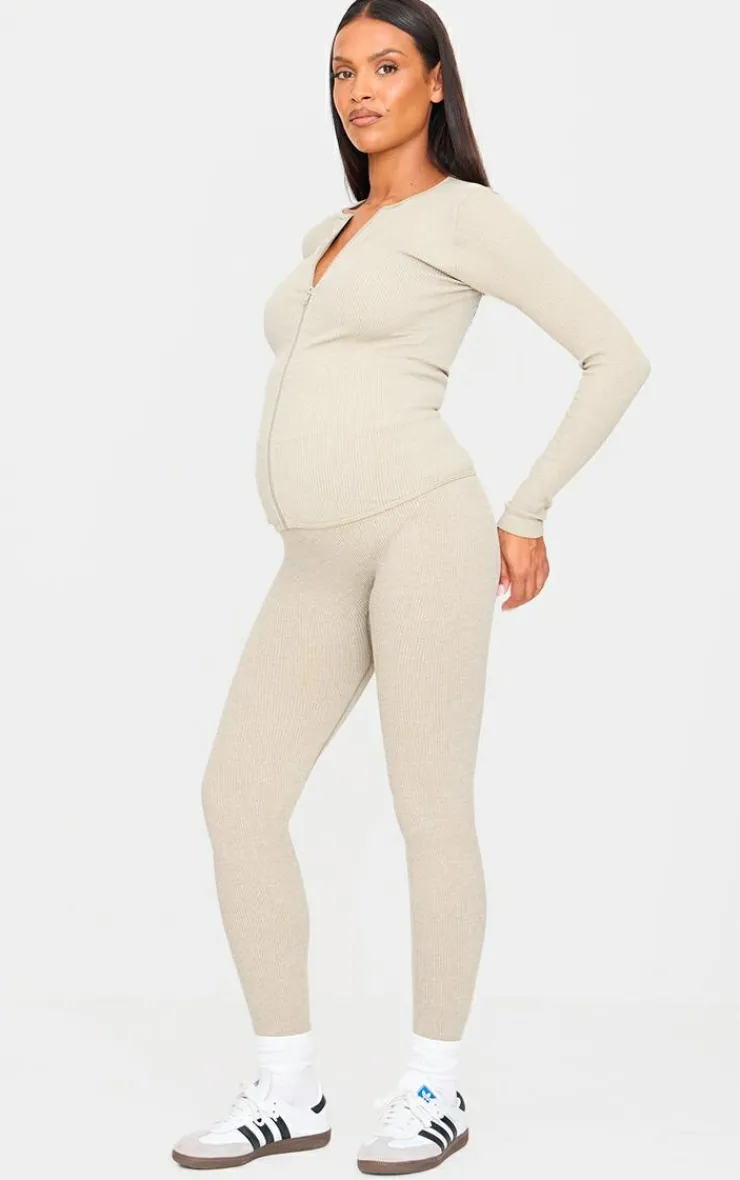 New PrettyLittleThing Maternity Ribbed Zip Up Cardigan Moss Sand