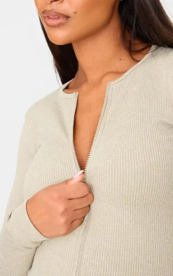 New PrettyLittleThing Maternity Ribbed Zip Up Cardigan Moss Sand