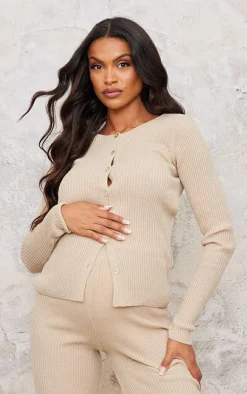 Outlet PrettyLittleThing Maternity Button Up Long Sleeve Rib Knit Top Oatmeal
