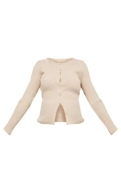 Outlet PrettyLittleThing Maternity Button Up Long Sleeve Rib Knit Top Oatmeal