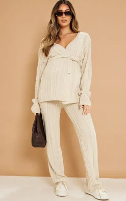 PrettyLittleThing Maternity Cable Knit Wide Leg Flare Oatmeal