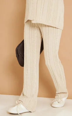 PrettyLittleThing Maternity Cable Knit Wide Leg Flare Oatmeal