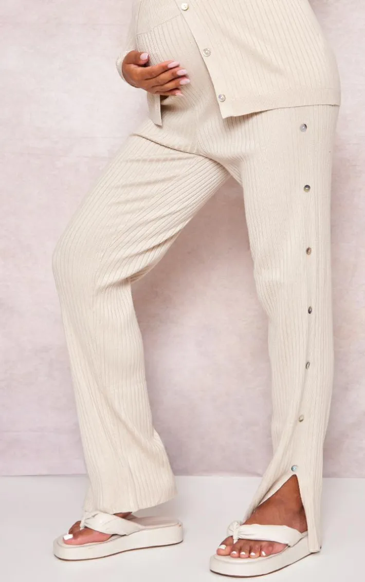 Maternity Oatmeal Knitted Button Detail High Waisted Flare Pants