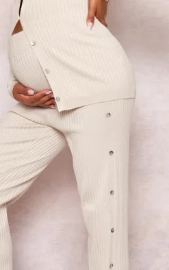 Maternity Oatmeal Knitted Button Detail High Waisted Flare Pants