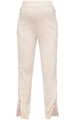 Maternity Oatmeal Knitted Button Detail High Waisted Flare Pants