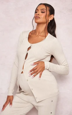 New PrettyLittleThing Maternity Knitted Button Detail Long Sleeve Cardigan Oatmeal