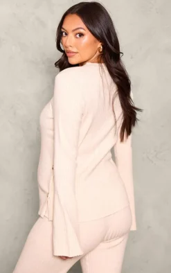 Online PrettyLittleThing Maternity Rib Knit Button Detail Long Sleeve Top Oatmeal