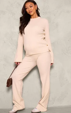 Online PrettyLittleThing Maternity Rib Knit Button Detail Long Sleeve Top Oatmeal