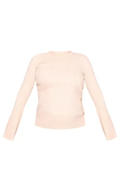 Online PrettyLittleThing Maternity Rib Knit Button Detail Long Sleeve Top Oatmeal