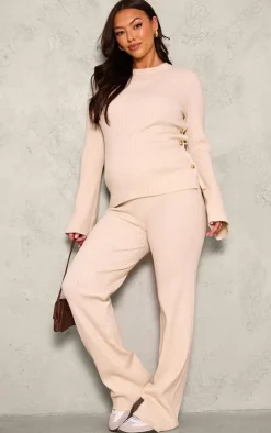 Best PrettyLittleThing Maternity Rib Knit Wide Leg Pants Oatmeal