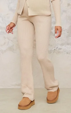 PrettyLittleThing Maternity Rib Knit Flared Pants Oatmeal