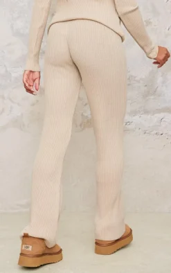 PrettyLittleThing Maternity Rib Knit Flared Pants Oatmeal