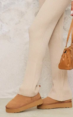 PrettyLittleThing Maternity Rib Knit Flared Pants Oatmeal