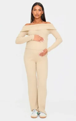 New PrettyLittleThing Maternity Rib Knit Straight Leg Pants Oatmeal