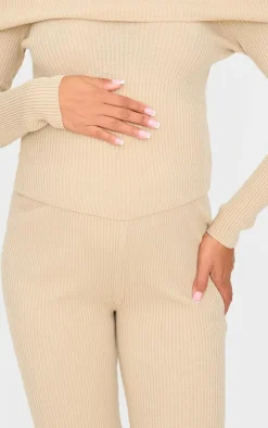 New PrettyLittleThing Maternity Rib Knit Straight Leg Pants Oatmeal