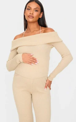 Hot PrettyLittleThing Maternity Rib Knit Bardot Long Sleeve Top Oatmeal
