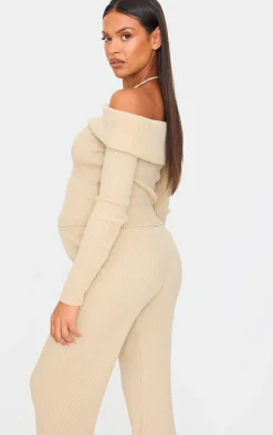 Hot PrettyLittleThing Maternity Rib Knit Bardot Long Sleeve Top Oatmeal