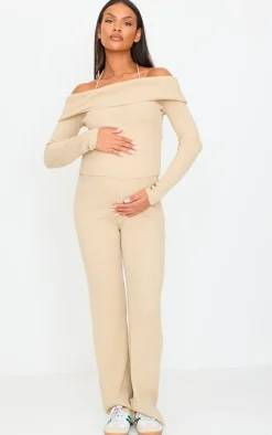 Hot PrettyLittleThing Maternity Rib Knit Bardot Long Sleeve Top Oatmeal