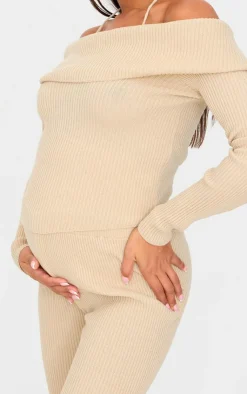 Hot PrettyLittleThing Maternity Rib Knit Bardot Long Sleeve Top Oatmeal