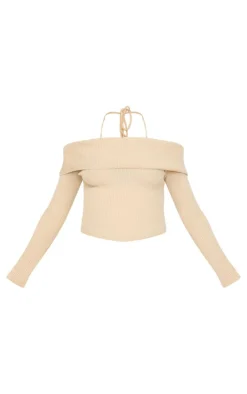 Hot PrettyLittleThing Maternity Rib Knit Bardot Long Sleeve Top Oatmeal