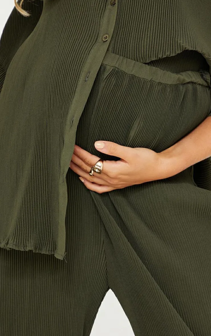 PrettyLittleThing Maternity Plisse High Waisted Wide Leg Pants Olive