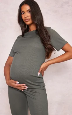 PrettyLittleThing Maternity Rib Oversized Short Sleeved T Shirt Olive