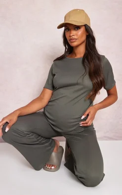 PrettyLittleThing Maternity Rib Oversized Short Sleeved T Shirt Olive