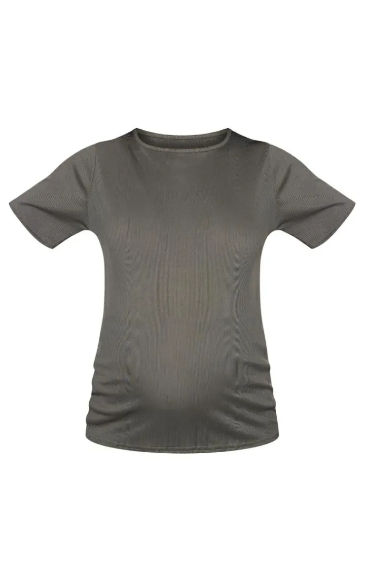 PrettyLittleThing Maternity Rib Oversized Short Sleeved T Shirt Olive