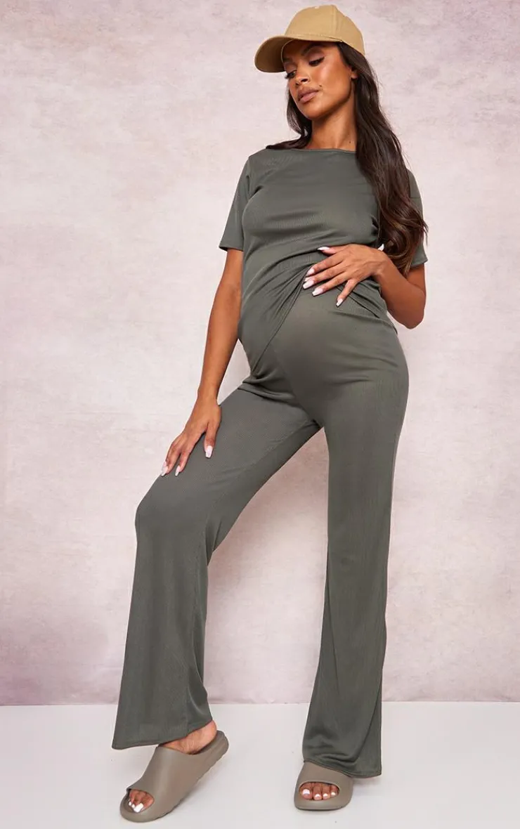 Clearance PrettyLittleThing Maternity Rib Wide Leg Flared Pants Olive