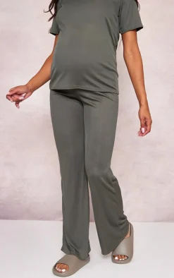 Clearance PrettyLittleThing Maternity Rib Wide Leg Flared Pants Olive