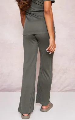 Clearance PrettyLittleThing Maternity Rib Wide Leg Flared Pants Olive