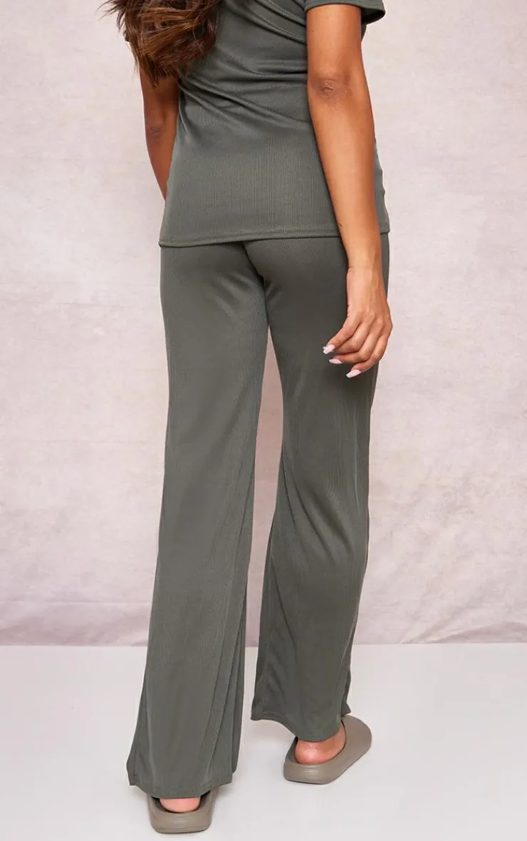 Clearance PrettyLittleThing Maternity Rib Wide Leg Flared Pants Olive
