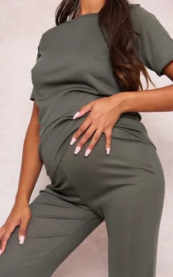 Clearance PrettyLittleThing Maternity Rib Wide Leg Flared Pants Olive