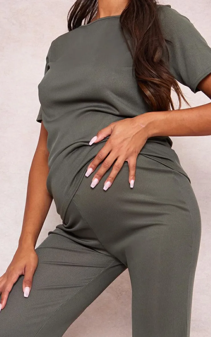 Clearance PrettyLittleThing Maternity Rib Wide Leg Flared Pants Olive