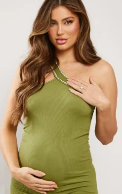Hot PrettyLittleThing Maternity Olive Snatched Rib Halterneck Diamante Top Olive.