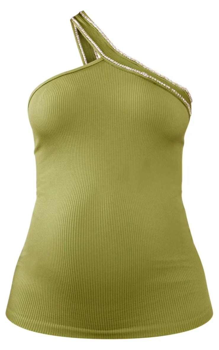 Hot PrettyLittleThing Maternity Olive Snatched Rib Halterneck Diamante Top Olive.